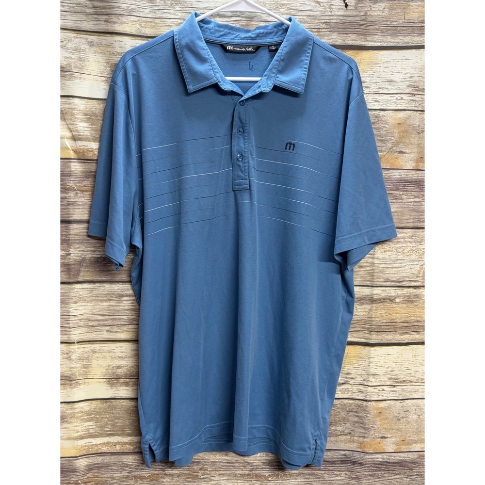 TravisMathew Mens XL Blue Striped Short Sleeve Golf Polo Shirt Logo Pique